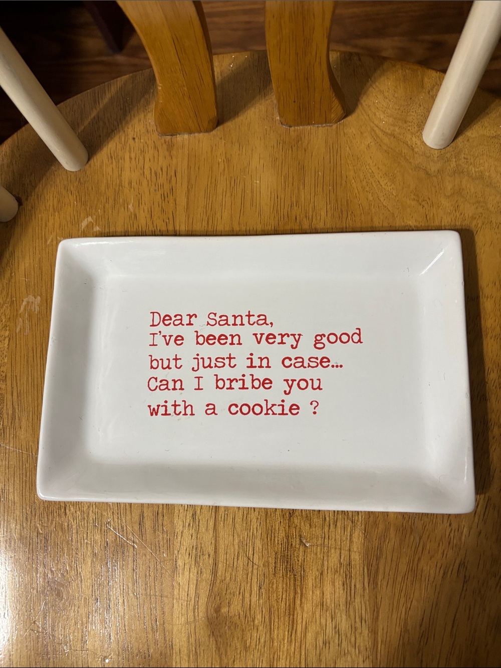 White Ceramic Holiday Snack Tray with Red Text